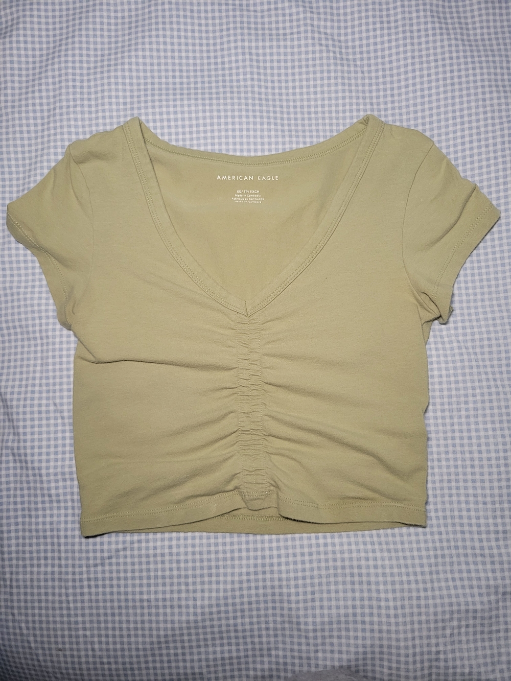 American Eagle Outfitters Sage Olive Ruched V-Neck Crop Top